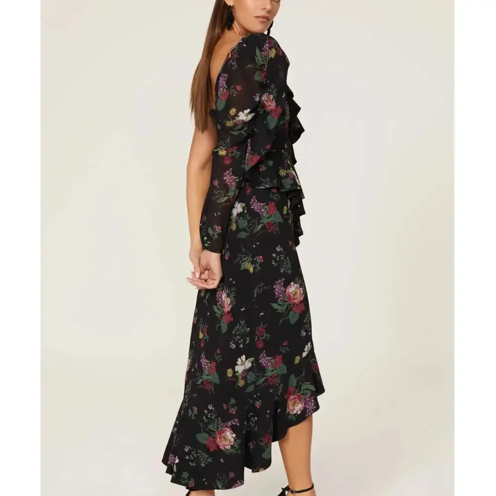 Amur Black Floral Chiffon Midi Dress SIZE 10 Cocktail Romantic Designer $600 - Picture 2 of 10